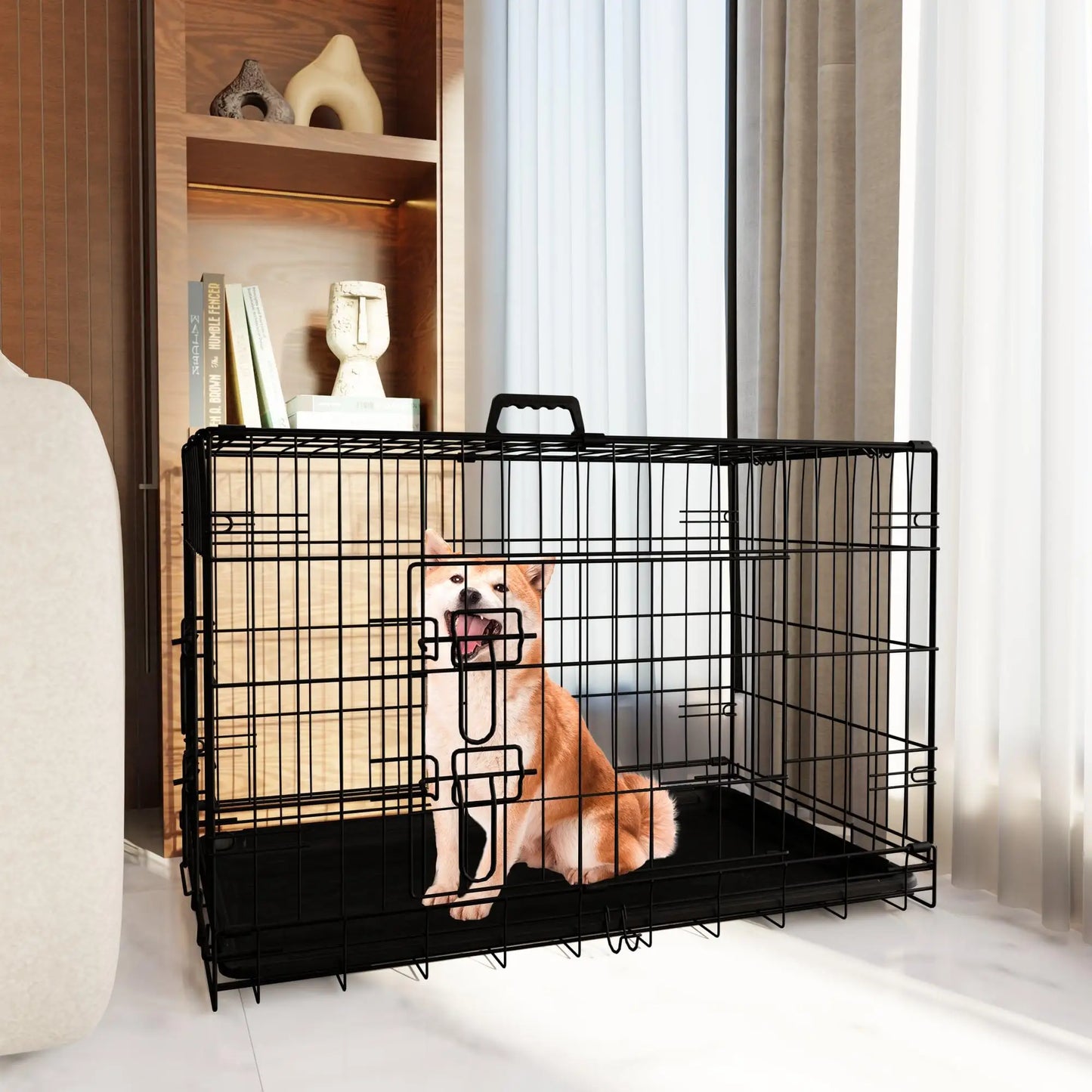 Dog Crate 36 Inch Medium Dog Cage with Divider, Leak-Proof Tray, Double Door,Folding Metal Wire Cage, Indoor Outdoor Travel