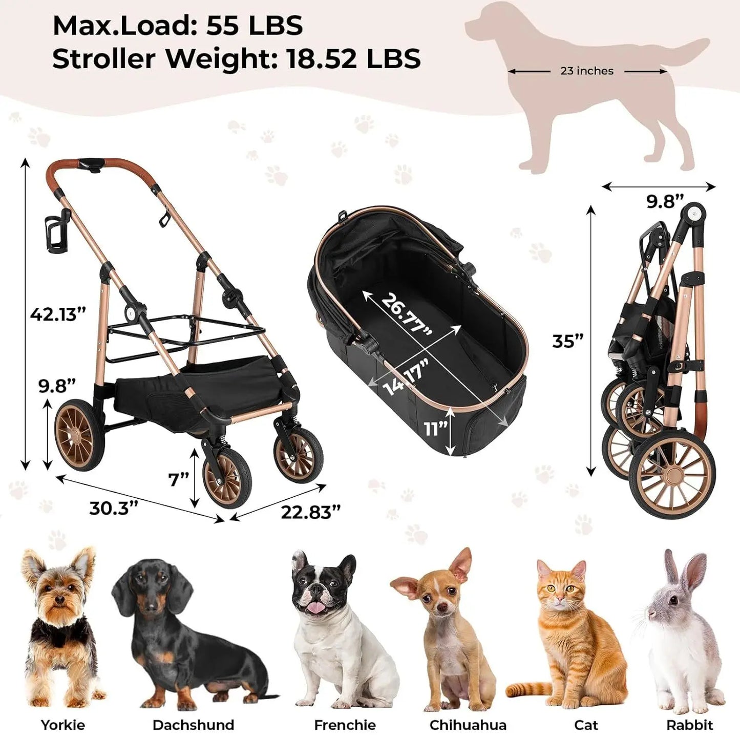 360° High Wheels Transport Foldable Cat and Dog Pet Stroller,  Max. load 25 kg/ 55lbs.