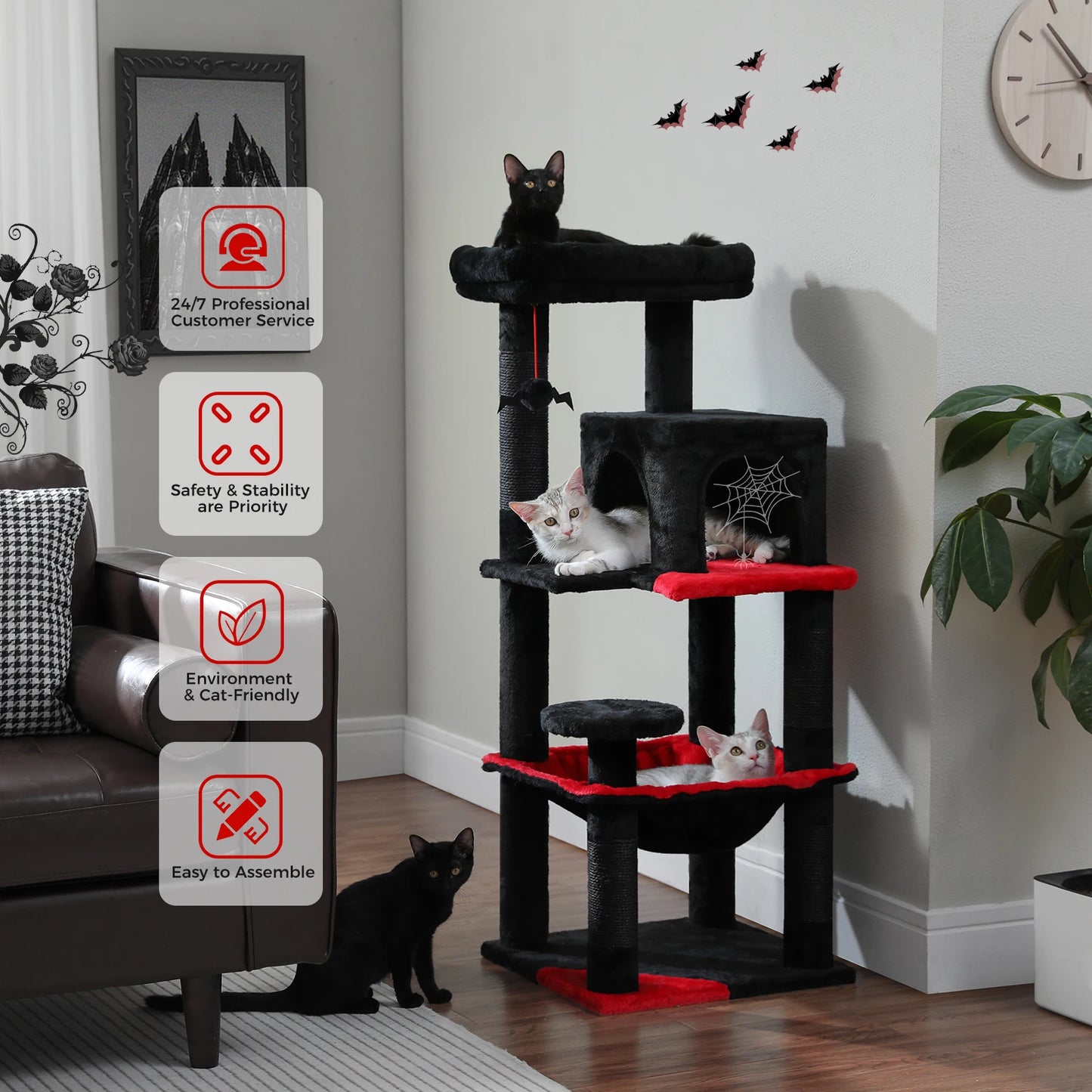 Gothic Cat Tree for Indoor Cats, Tall Cat Tower with Super Large Hammock, Sisal Covered Scratching Post ,Cozy Condo ,Top Perch