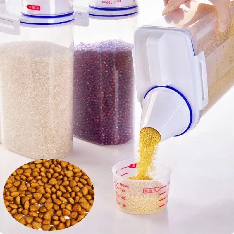 1.5kg/2kg Dog or Cat Food  Plastic Storage Tank with Measuring Cup, Container Moisture-proof Sealed Jar