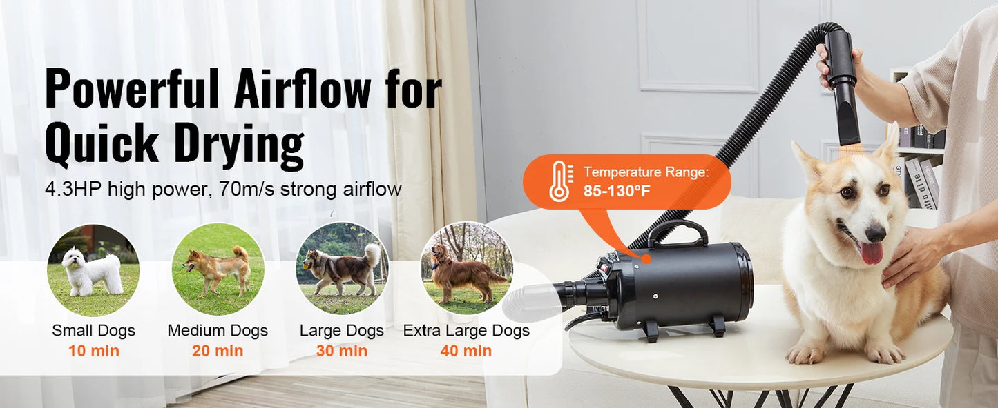 SucceBuy 2000W/2.7HP Dog Blow Dryer with Adjustable Speed and Temperature Control with 4 Nozzle and Extendable Hose for Pet Hair Grooming