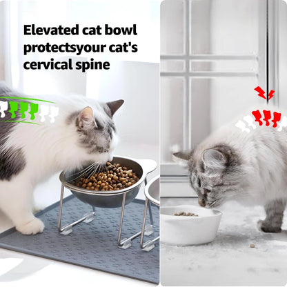 ‌304 Stainless Steel Raised Cat Bowl with 15° Elevated Design Tilted Neck Guard for Healthy Feeding, Shatterproof for Cats and Puppies
