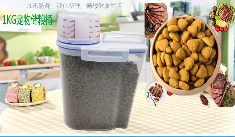 1.5kg/2kg Dog or Cat Food  Plastic Storage Tank with Measuring Cup, Container Moisture-proof Sealed Jar