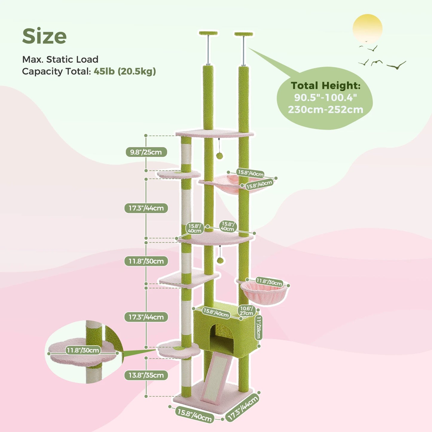 Cactus Cat Tree Tower,  Floor to Ceiling Cat Tower ,Adjustable Height with Cat Condo, Cozy Hammock and Scratching Post