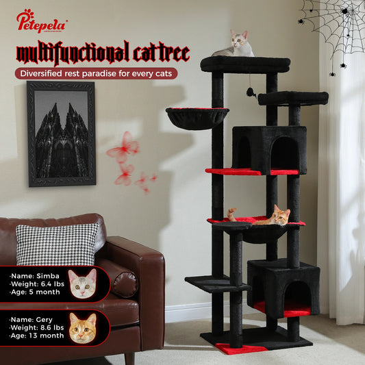 Tall Cat Tree for Indoor Cats, Big Cat Tower with Super Large Hammock, Cat Climbing Tree with Scratching Posts, Condo House Black