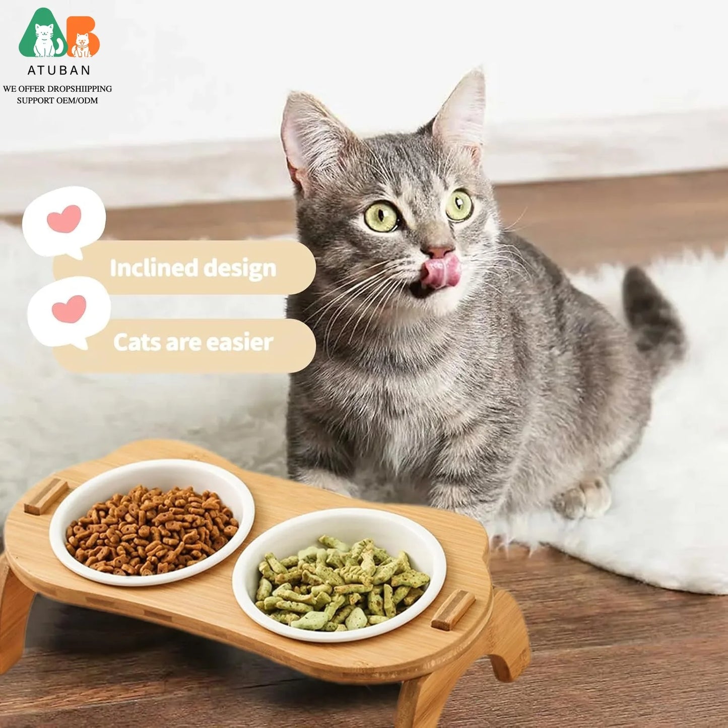 ATUBAN Cat Bowl with Stand,Smavles Cat Food Bowl Anti Vomiting Ceramic Cats Bowls With Stand, 15° Tilted Cats Water Bowl Set