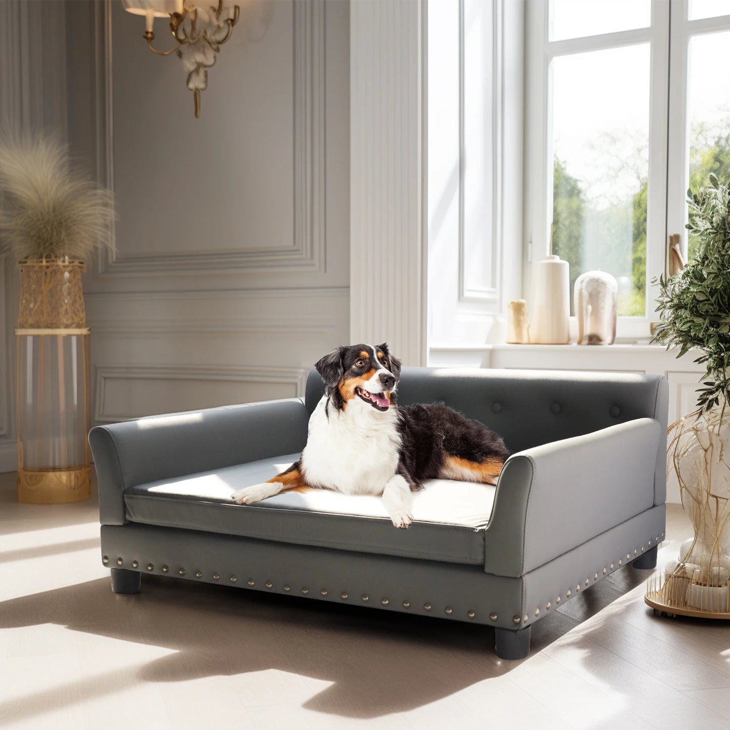 Elevated Dog Bed Sofa, Microfiber, Leather Cover for Large Pet with Removable Cushion
