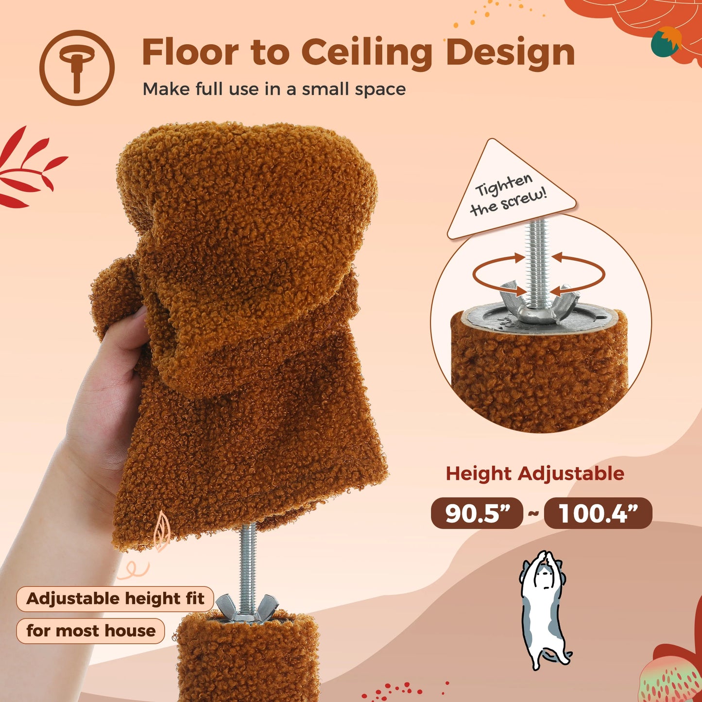 Cat Tree, Floor to Ceiling, Cat Tower Adjustable Height with Cat Condo, Cozy Hammock and Scratching Post
