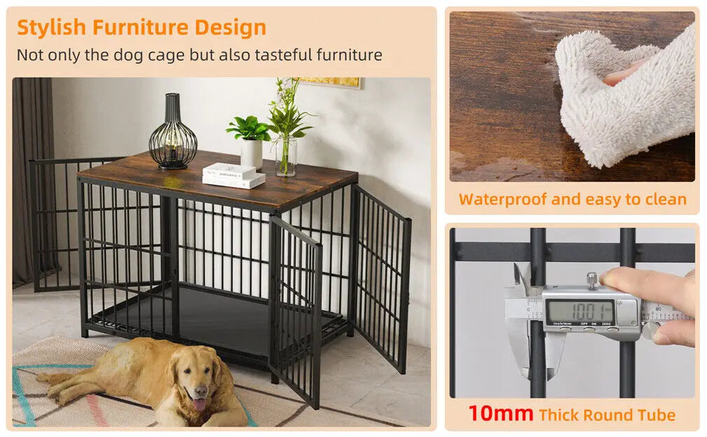 Heavy Duty Dog Kennels, Metal and Wooden Dog Crate End Table, Furniture Style Pet Cage with Three Doors and Removable Tray