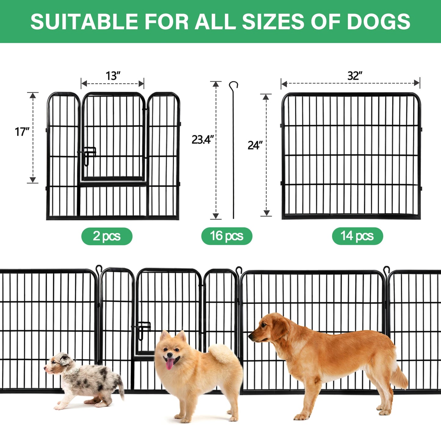 Dog Playpen, 16 Panels, Foldable and Portable Metal Pet Exercise Pen, 24 Inch Height Outdoor