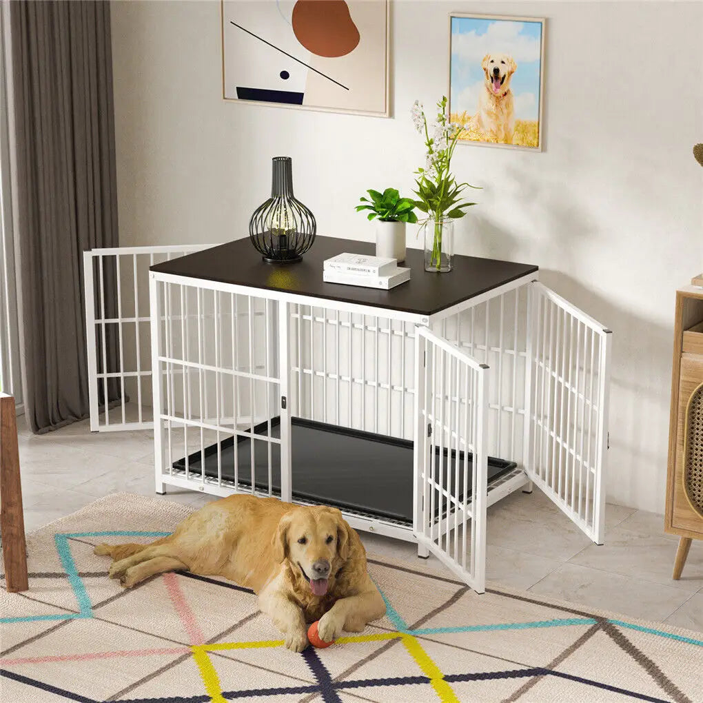 Heavy Duty Dog Kennels, Metal and Wooden Dog Crate End Table, Furniture Style Pet Cage with Three Doors and Removable Tray