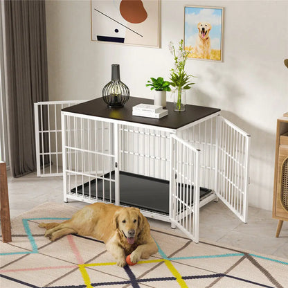 Heavy Duty Dog Kennels, Metal and Wooden Dog Crate End Table, Furniture Style Pet Cage with Three Doors and Removable Tray