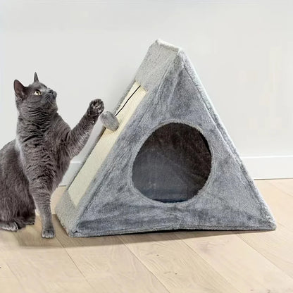Pet bed suitable for cats under 15 pounds with plush toy ball and cat scratching board