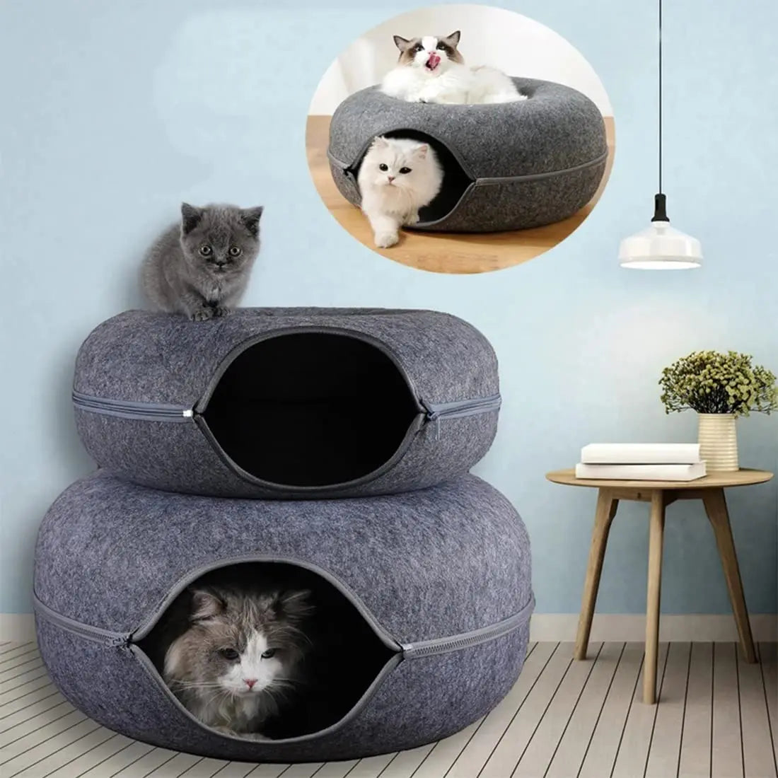 Donut Cat Bed with Interactive Tunnel , Felt Indoor Toys for Cats