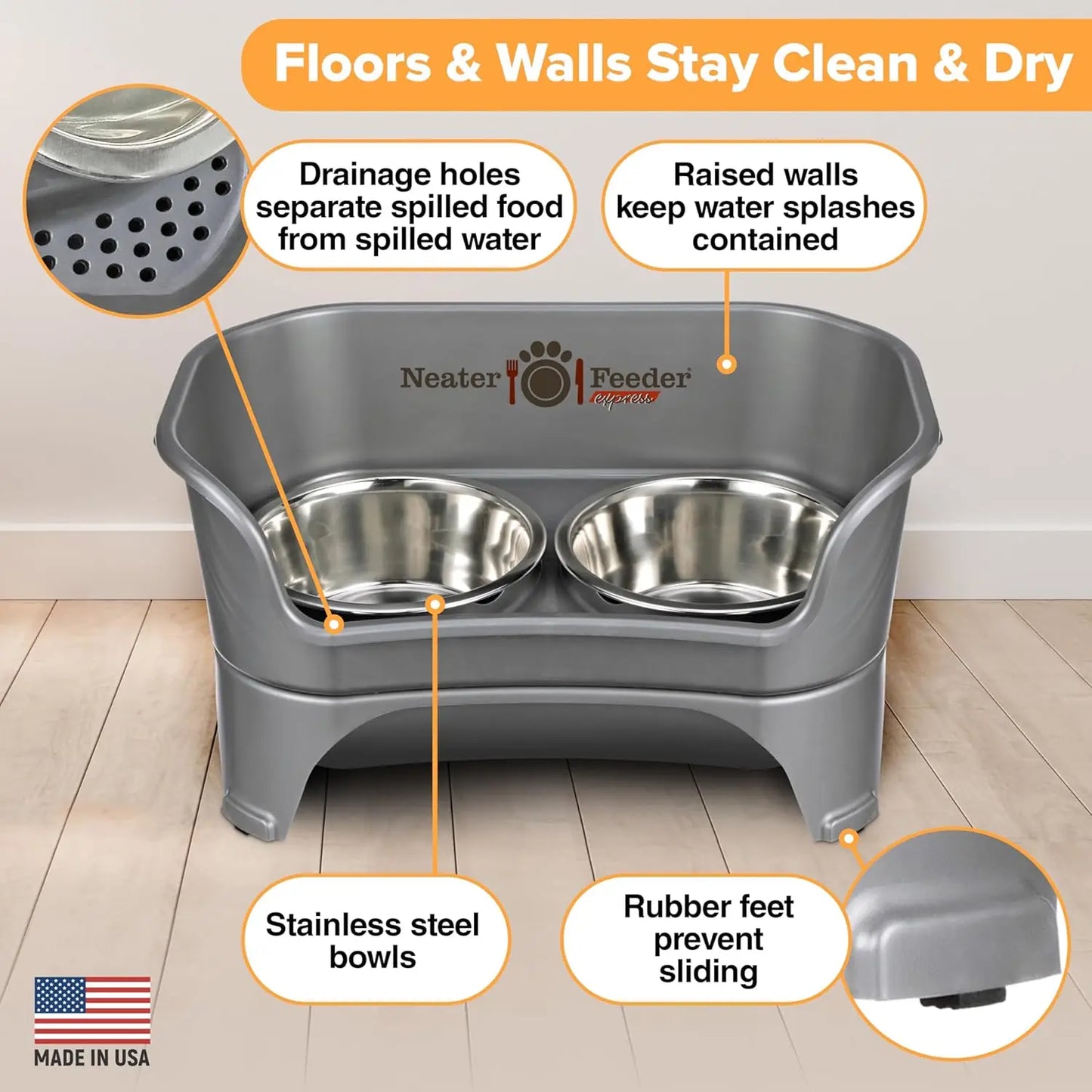 Elevated No-Spill Dog Bowl Set for Medium to Large Breeds, Stainless Steel Feeder with Catch Basin, Grey
