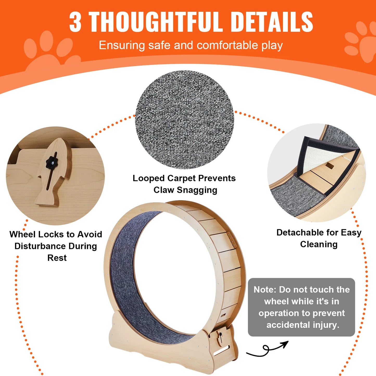 SucceBuy Wooden Cat Exercise Wheel, Treadmill Wheel for Indoor Cat, Running Wheel with Detachable Carpet& Cat Teaser