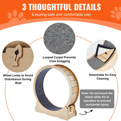 SucceBuy Wooden Cat Exercise Wheel, Treadmill Wheel for Indoor Cat, Running Wheel with Detachable Carpet& Cat Teaser