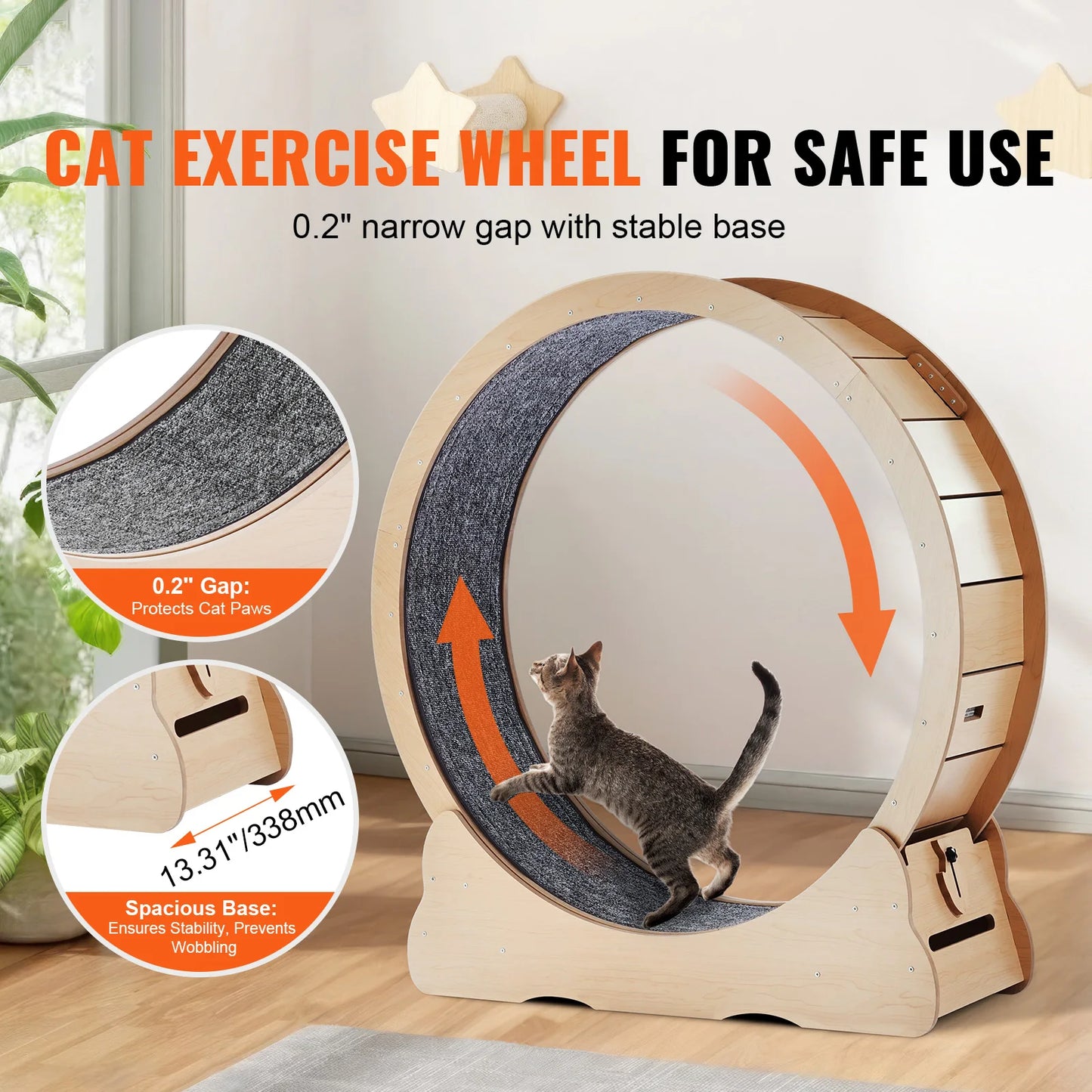 SucceBuy Wooden Cat Exercise Wheel, Treadmill Wheel for Indoor Cat, Running Wheel with Detachable Carpet& Cat Teaser