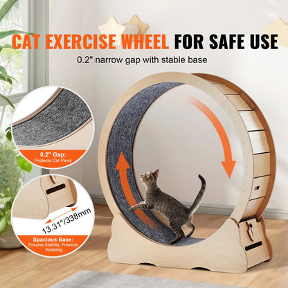 SucceBuy Wooden Cat Exercise Wheel, Treadmill Wheel for Indoor Cat, Running Wheel with Detachable Carpet& Cat Teaser