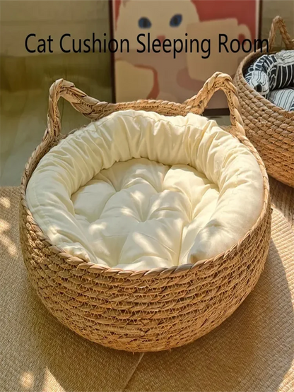 All Seasons Pure hand-woven rattan cat nest,  universal warm pad is removable and washable