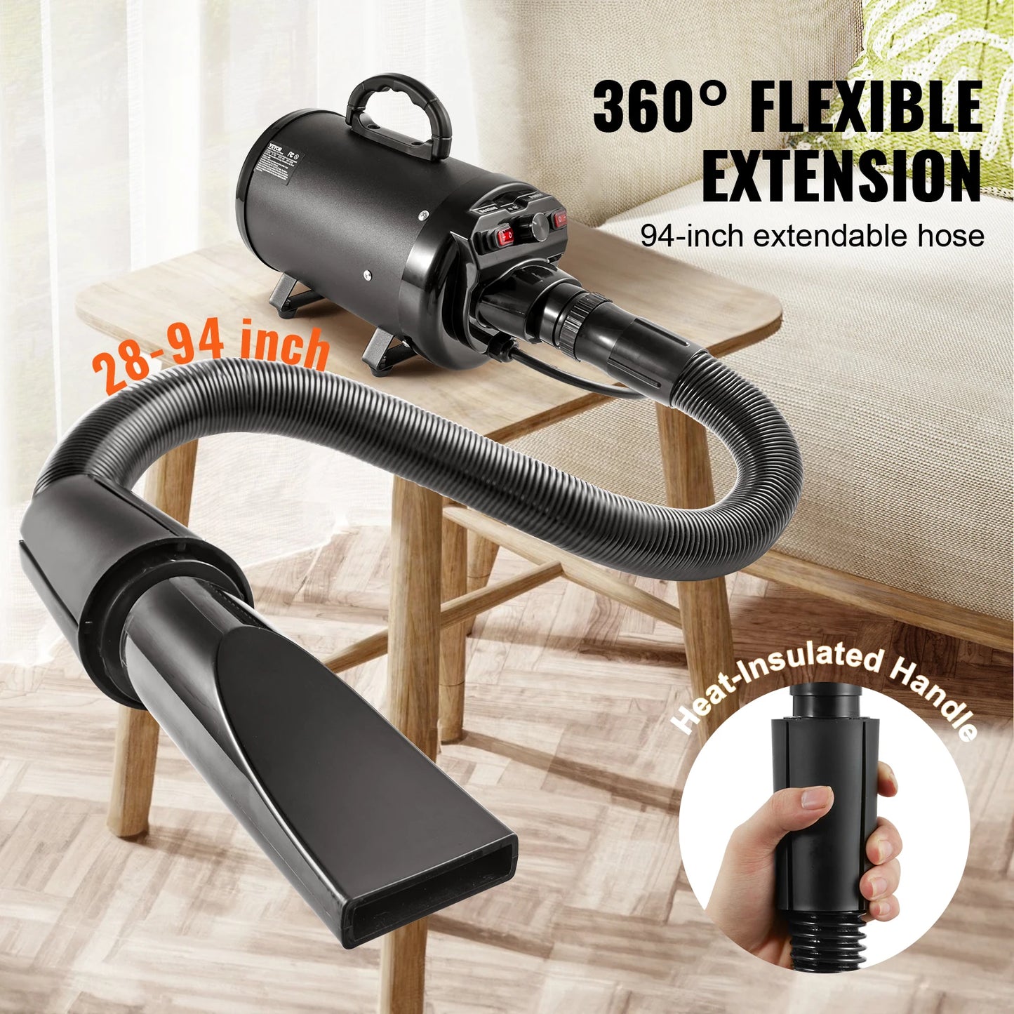 SucceBuy 2000W/2.7HP Dog Blow Dryer with Adjustable Speed and Temperature Control with 4 Nozzle and Extendable Hose for Pet Hair Grooming