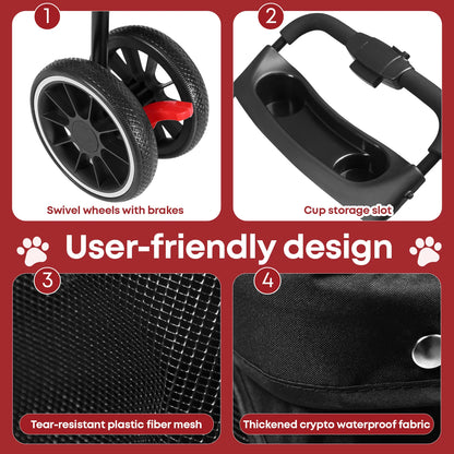 Pet Stroller For Small and Medium Cats & Dogs, 3 Wheels Foldable with Breathable Mesh Canopy, Pet Travel Carrier Suitable Outdoor Travel