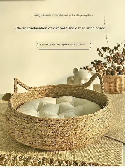 All Seasons Pure hand-woven rattan cat nest,  universal warm pad is removable and washable