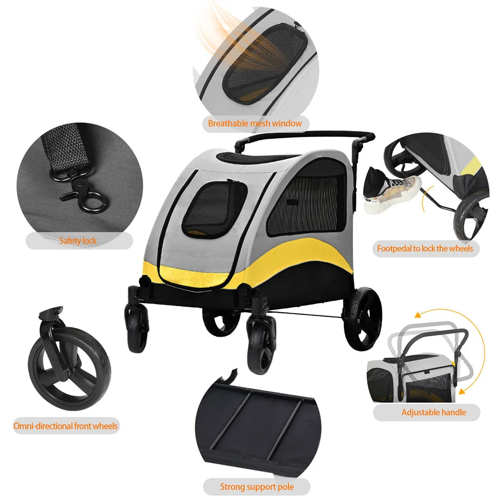 Premium Dog Stroller Pram 4 Wheel Foldable Cart, Pet Jogger Wagon for Small, Medium or Large Dogs