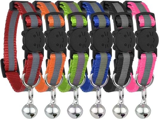6-Pack Reflective Cat Collars with Bell, Safe Breakaway Nylon, Mixed Colors, Ideal for Cats, Includes Charms.
