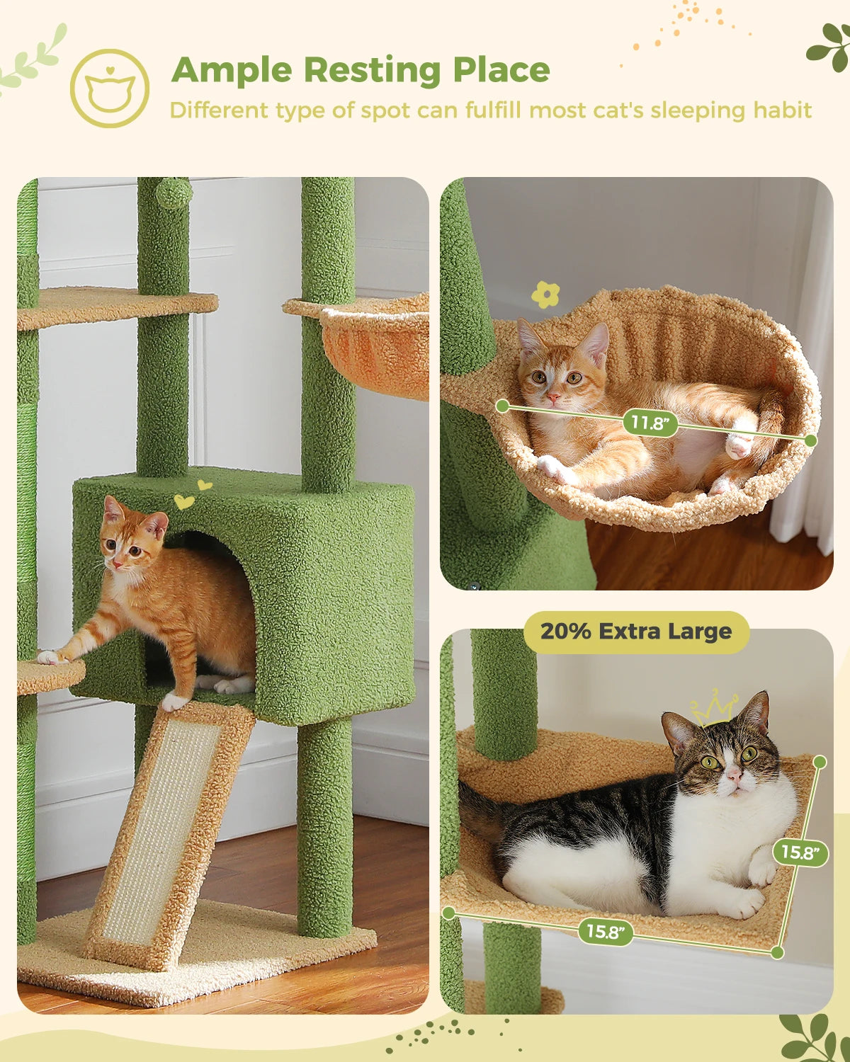 Cactus Cat Tree Tower,  Floor to Ceiling Cat Tower ,Adjustable Height with Cat Condo, Cozy Hammock and Scratching Post