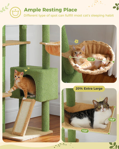 Cactus Cat Tree Tower,  Floor to Ceiling Cat Tower ,Adjustable Height with Cat Condo, Cozy Hammock and Scratching Post
