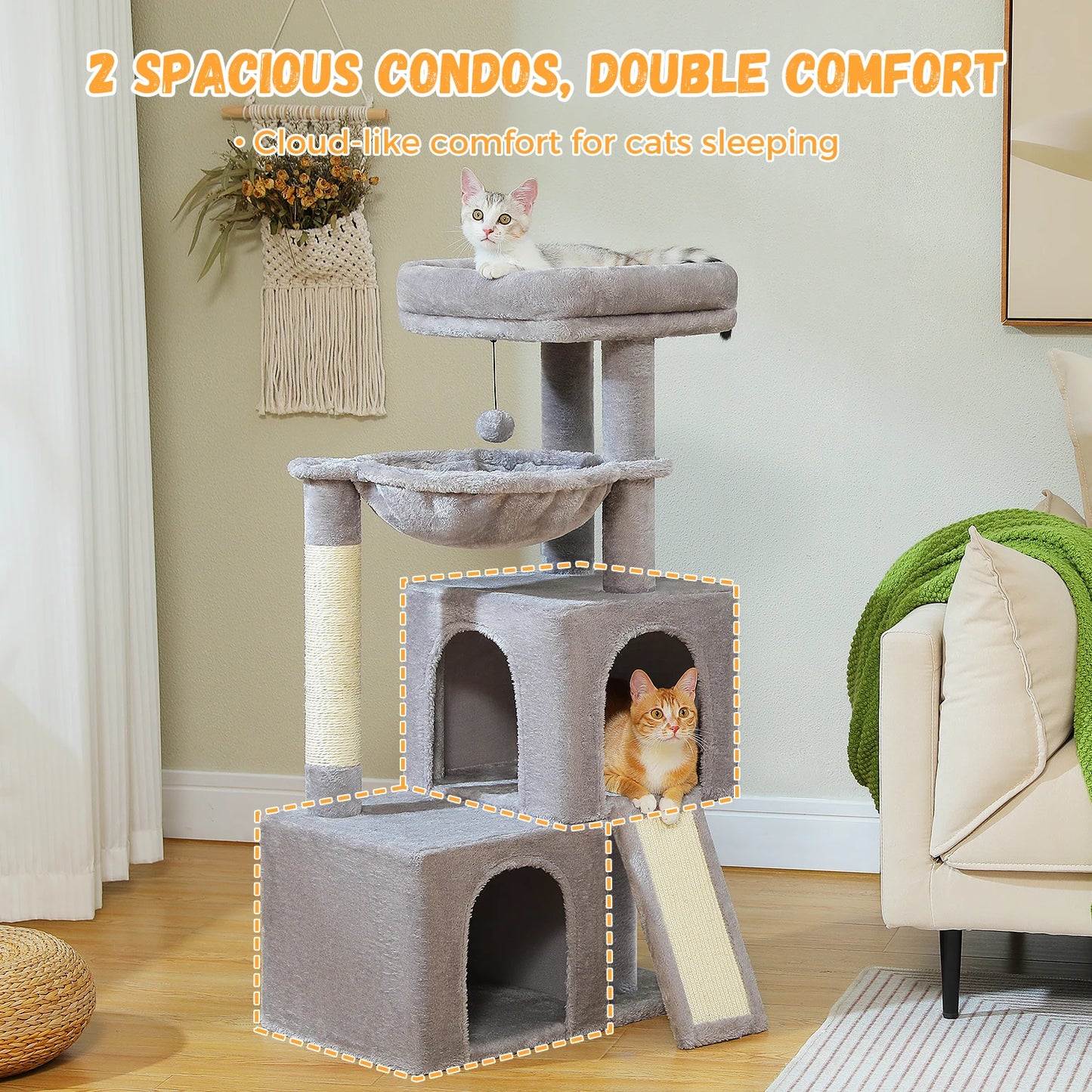 Large Cat Tree for Indoor Cats, Multi-Level Cat Tower with Sisal Scratching Post, 2 Spacious Condo, Cat Scratching Pad