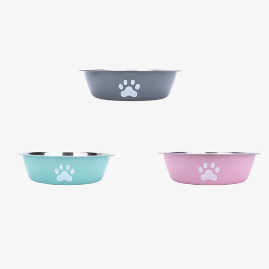 New Stainless Steel Pet Bowl with Paw Print, Silicone Non-Slip Food & Water Feeding Basin for Dogs & Cats
