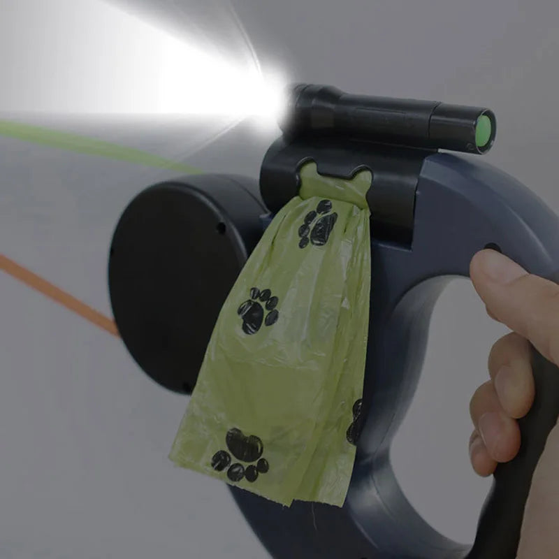 3in1  Reflective Double Head Automatic retractable Dog leash with Flashlight, Poop Bag Dispenser,