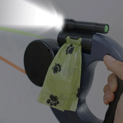 3in1  Reflective Double Head Automatic retractable Dog leash with Flashlight, Poop Bag Dispenser,
