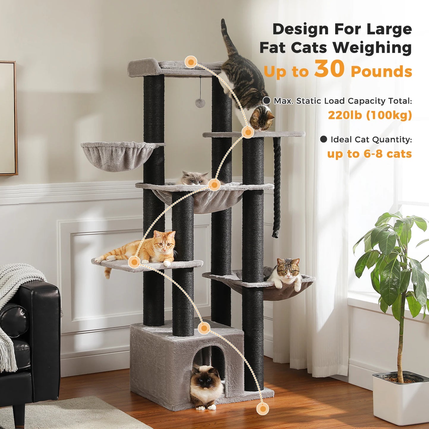 Multi-Level Cat Tree with Scratching Posts, Cozy Condo, Super Large Perch, Deep Hammocks, Tall Cat Tower for Indoor Adult Cats