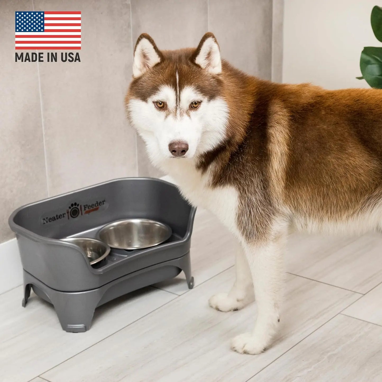 Elevated No-Spill Dog Bowl Set for Medium to Large Breeds, Stainless Steel Feeder with Catch Basin, Grey