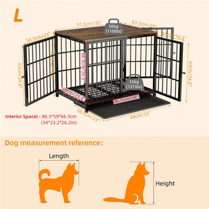 Heavy Duty Dog Kennels, Metal and Wooden Dog Crate End Table, Furniture Style Pet Cage with Three Doors and Removable Tray