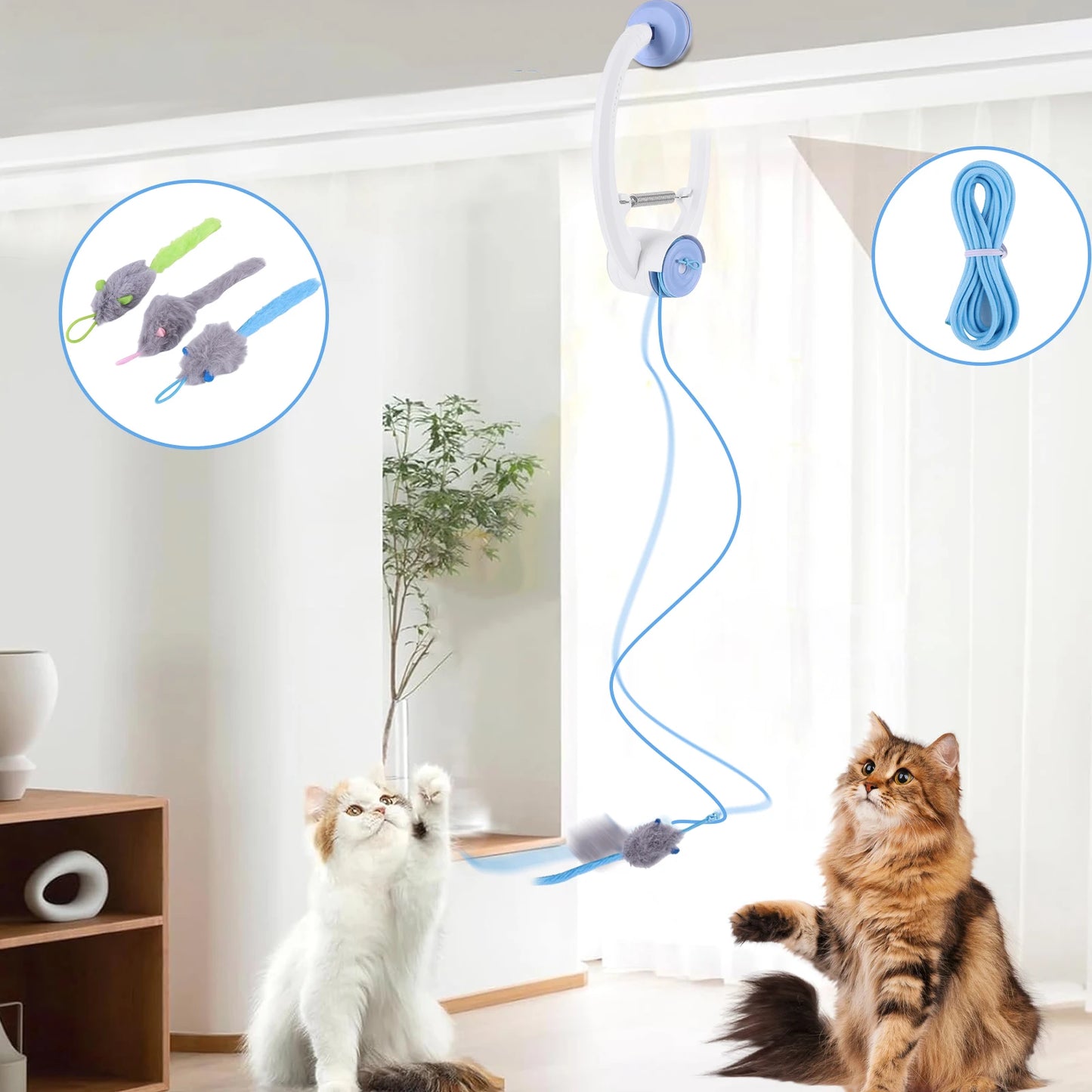 Door Hanging Automatic Retractable Kitten Toys with 3 Catnip Mice
