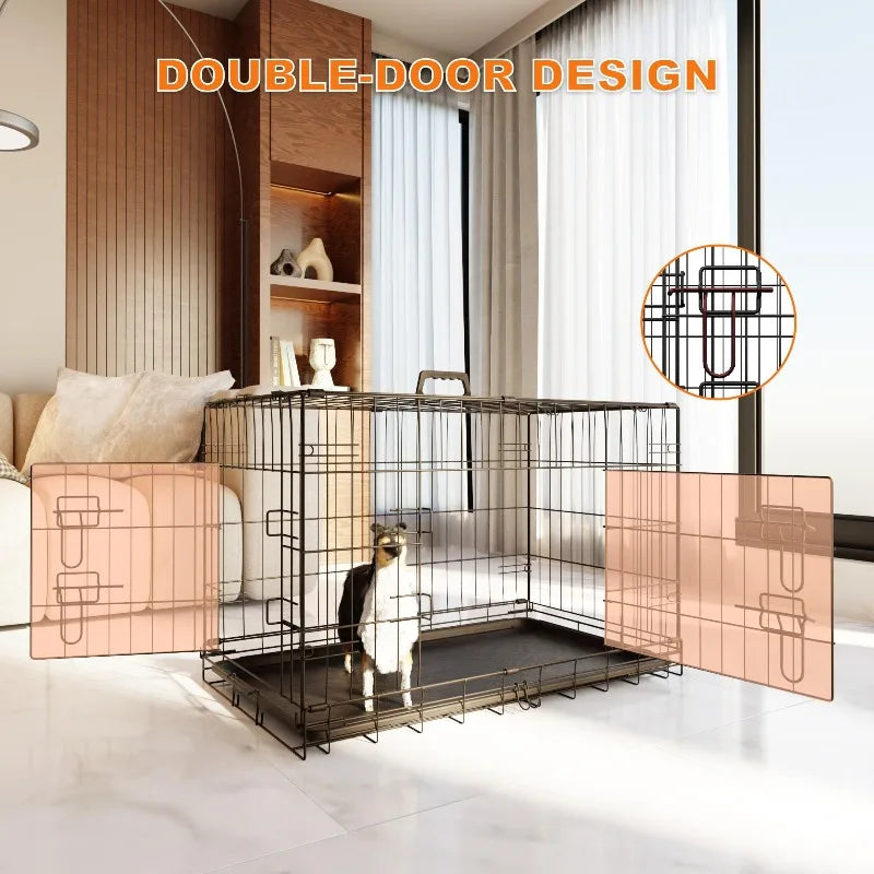 Dog Crate 36 Inch Medium Dog Cage with Divider, Leak-Proof Tray, Double Door,Folding Metal Wire Cage, Indoor Outdoor Travel
