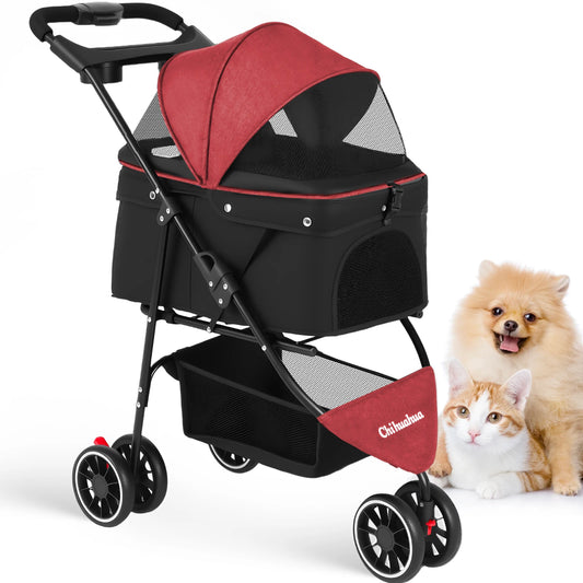 Pet Stroller For Small and Medium Cats & Dogs, 3 Wheels Foldable with Breathable Mesh Canopy, Pet Travel Carrier Suitable Outdoor Travel