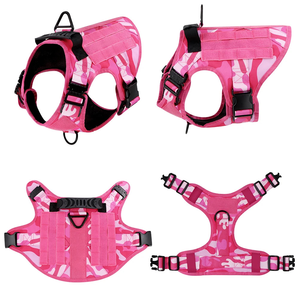 Military Pink Camouflage Dog Harness For Large and Medium Dogs , Adjustable Tactical Training Vest