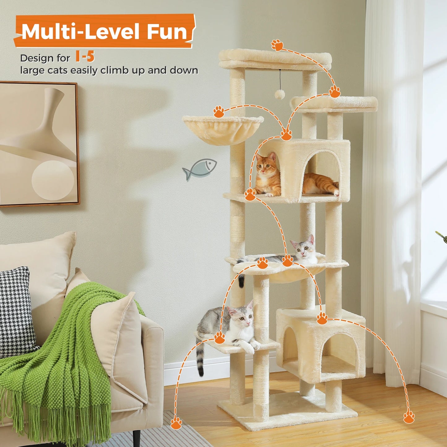 Tall Cat Tree for Indoor Cats, Big Cat Tower with Super Large Hammock, Cat Climbing Tree with Scratching Posts, Condo House Black