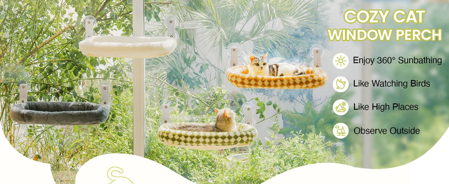 Foldable Cat Window Perch with 4 Strong Suction Cups, Cordless Cat Window Hammock Removable Soft Cover White Brown Green