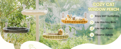 Foldable Cat Window Perch with 4 Strong Suction Cups, Cordless Cat Window Hammock Removable Soft Cover White Brown Green