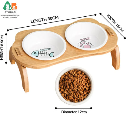 ATUBAN Cat Bowl with Stand,Smavles Cat Food Bowl Anti Vomiting Ceramic Cats Bowls With Stand, 15° Tilted Cats Water Bowl Set