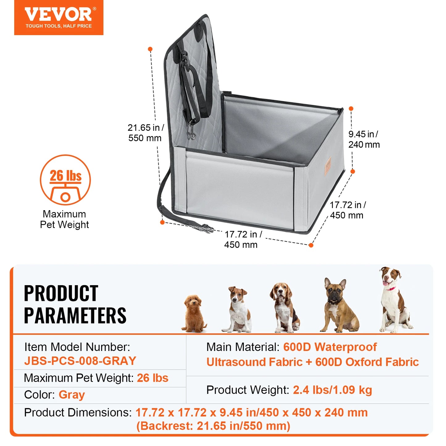 Dog Car Seat Waterproof Dog Booster Seat, Pet Car Seat with Clip-On Safety Leash, Car Bed for Medium or Large Dog