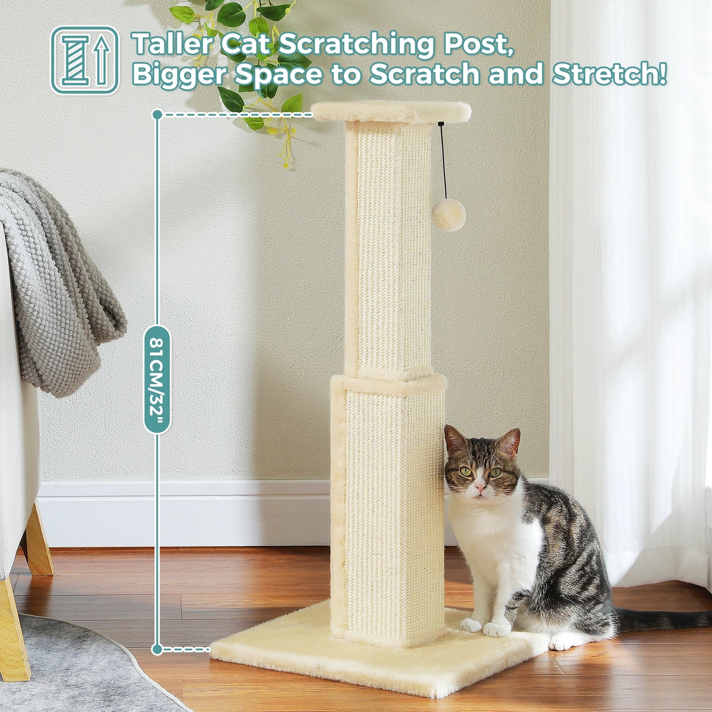 Large Cat Scratching Post for Indoor Cats, Ultimate Scratch Post with Woven Sisal Dangling Ball