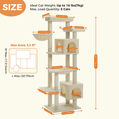 Tall Cat Tree for Indoor Cats, Big Cat Tower with Super Large Hammock, Cat Climbing Tree with Scratching Posts, Condo House Black