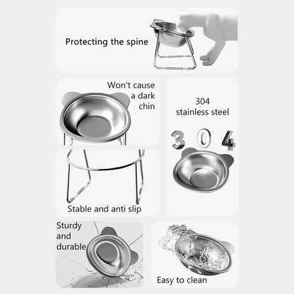 New 304 Stainless Steel Elevated Cat Bowl 15° Tilted Raised Design with Neck Guard, Healthy Feeding, Shatterproof for Cats